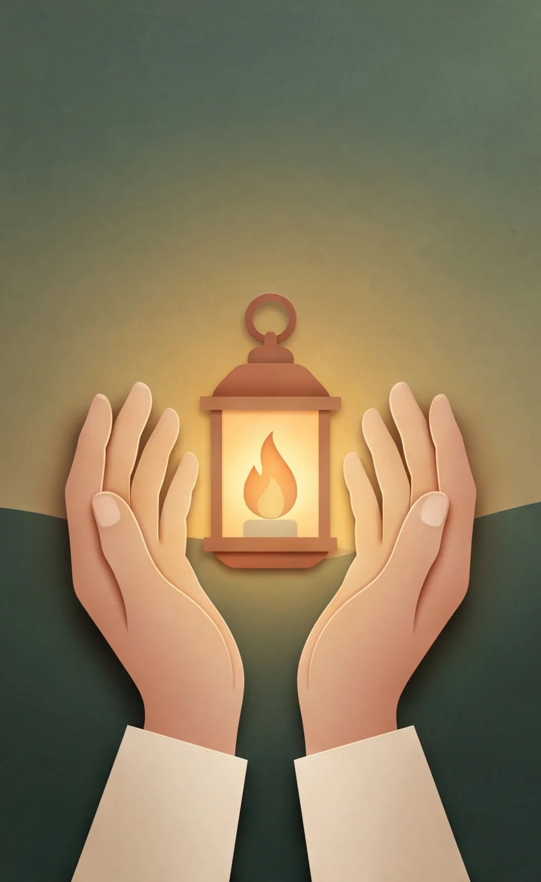 Two open hands holding a small glowing lantern