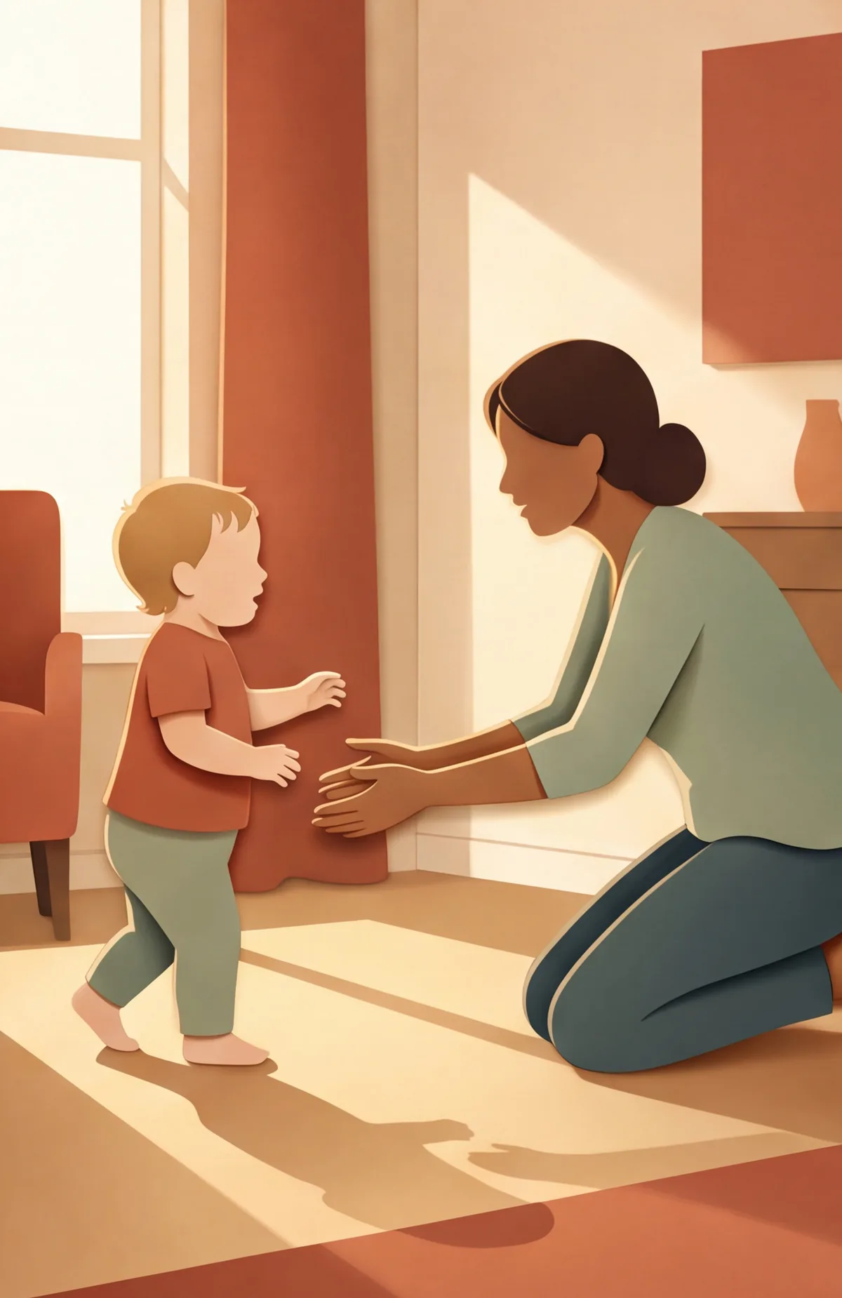A toddler taking steps towards a kneeling adult in a sunny room