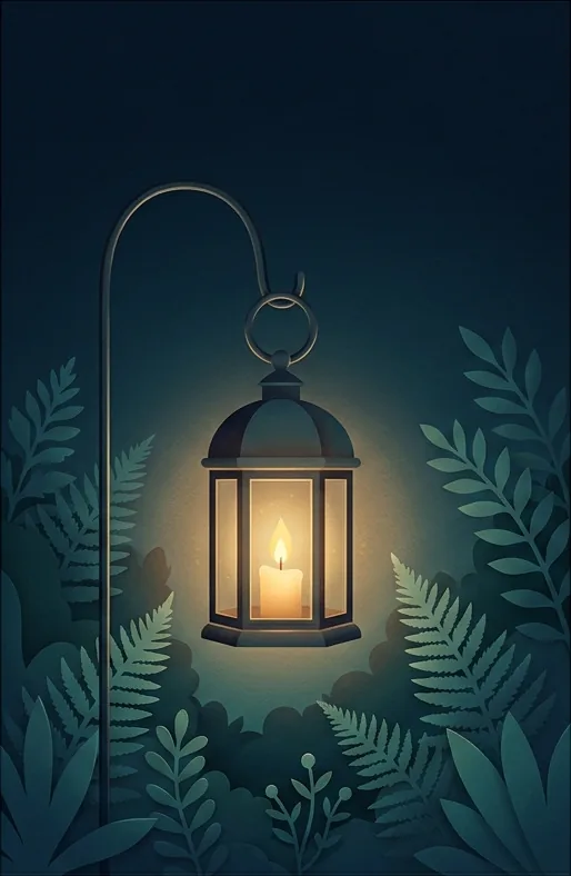 A lantern glowing among ferns in a dark garden